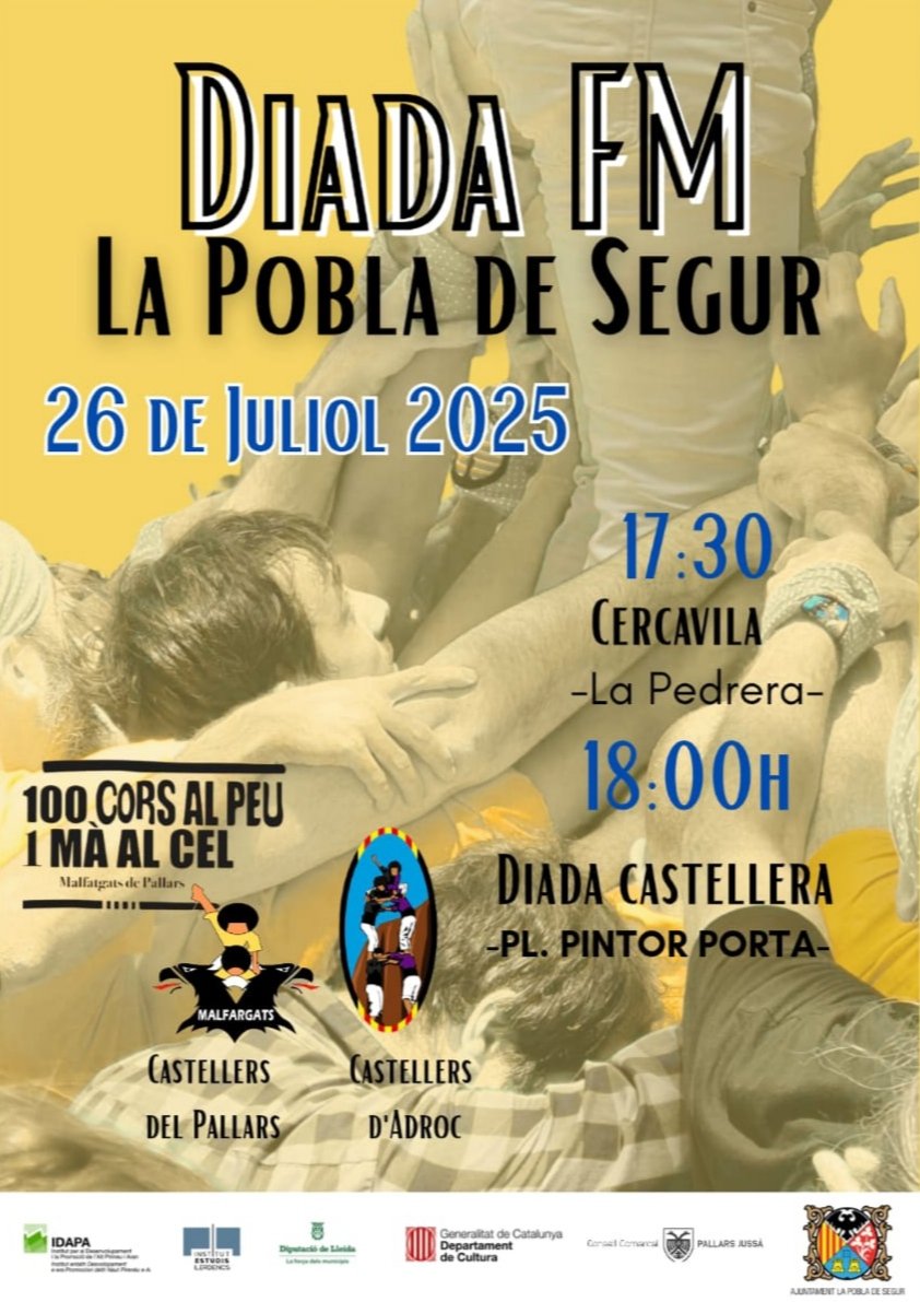 〽️alfargats De Pallars (@malfargatsdp) on Twitter photo Demà estarem a La Pobla de Segur amb <a href="/CastellersAdroc/">CastellersAdroc</a> de Diada de Festa Major
No hi falteu!
<a href="/lapobladesegur/">La Pobla de Segur</a> <a href="/CastellsCat/">Coordinadora de Colles Castelleres</a> <a href="/IEILleida/">INSTITUT D'ESTUDIS ILERDENCS</a> <a href="/cultura_cat/">Cultura</a> <a href="/SOMPirineu/">SOMPirineu - IDAPA</a> <a href="/ConsellJussa/">CC Pallars Jussà</a> Demà estarem a La Pobla de Segur amb <a href="/CastellersAdroc/">CastellersAdroc</a> de Diada de Festa Major
No hi falteu!
<a href="/lapobladesegur/">La Pobla de Segur</a> <a href="/CastellsCat/">Coordinadora de Colles Castelleres</a> <a href="/IEILleida/">INSTITUT D'ESTUDIS ILERDENCS</a> <a href="/cultura_cat/">Cultura</a> <a href="/SOMPirineu/">SOMPirineu - IDAPA</a> <a href="/ConsellJussa/">CC Pallars Jussà</a>