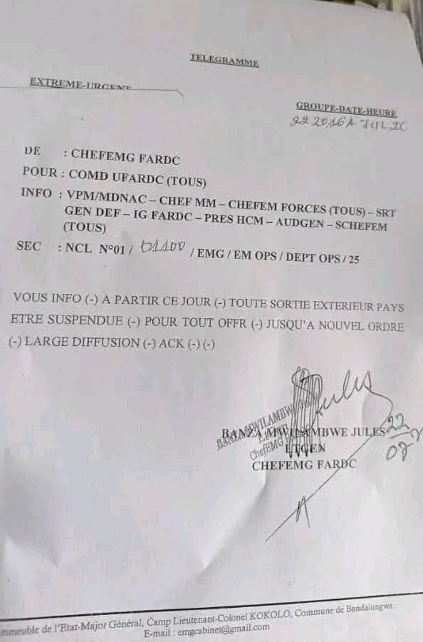 Radio Télévision Victoire Horizon (@rtvh103) on Twitter photo L'état-major général des <a href="/FARDC_Info/">Armée Congolaise - FARDC</a> interdit à tous les commandants des unités toute sortie à l'extérieur de la RDC. L'état-major général des <a href="/FARDC_Info/">Armée Congolaise - FARDC</a> interdit à tous les commandants des unités toute sortie à l'extérieur de la RDC.