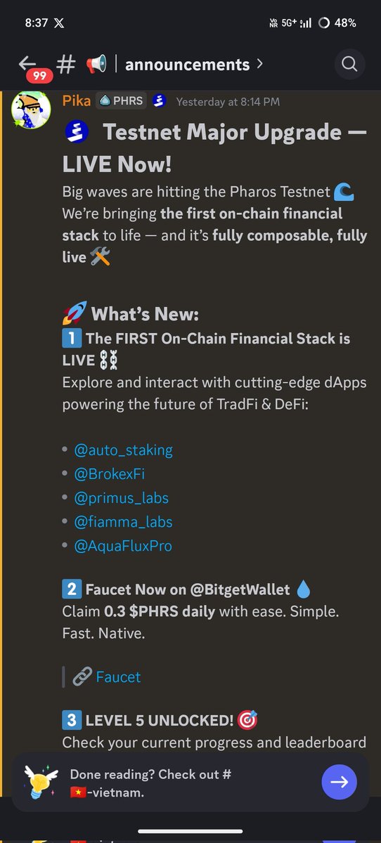 kumar16629's tweet image. Pharos V2 is live 🙌
What's new?
✅ New dapps ->
🔹Autostaking
🔹BrokexFi
🔹PrimusLabs
🔹FiammaLabs
🔹AquaFluxPro
✅ Season 2 is live
✅ More points on interecting with new dapps
✅ Lvl 5 unlocked
✅ New type of UI
Explore the TESTENT:-…