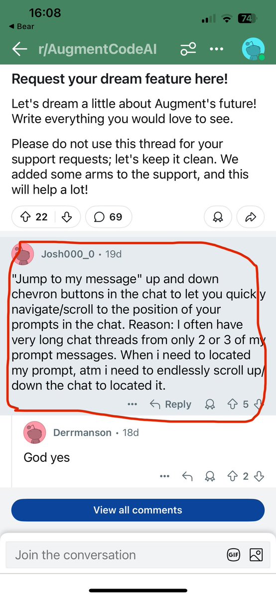 Josh_0080's tweet image. Super cool that @augmentcode added this feature so quickly to their recent update. Still haven't seen this in other coding chatbots yet..