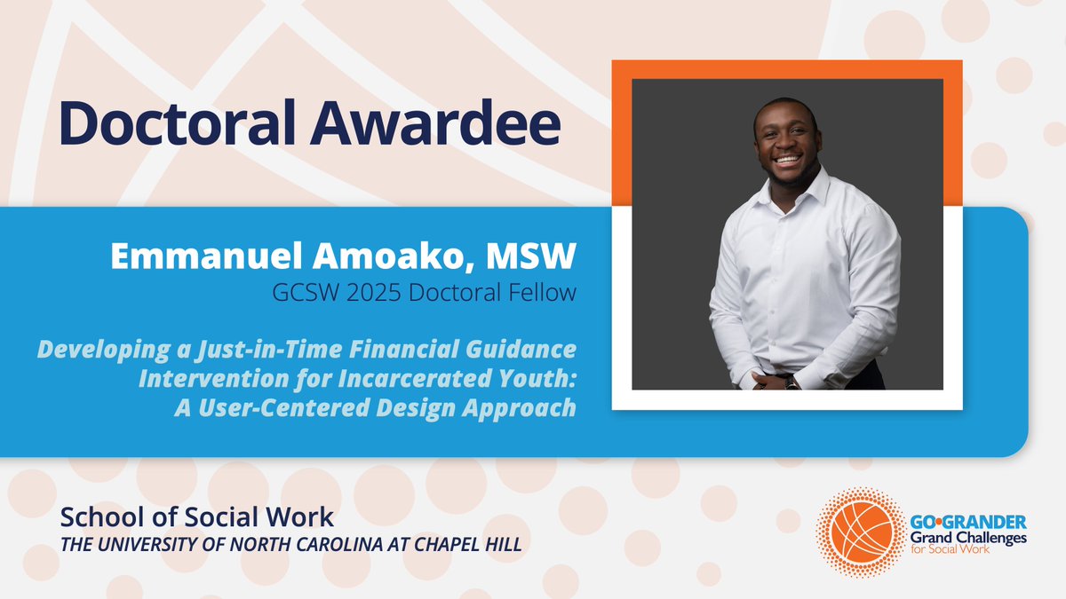 Grand Challenges for Social Work (@gcsocialwork) on Twitter photo 2025 #FellowFriday Feature: Emmanuel Amoako, MSW, of <a href="/UNC_SSW/">UNC Social Work</a>, with “Developing a Just-in-Time Financial Guidance Intervention for Incarcerated Youth: A User-Centered Design Approach” addressing the GC to Build Financial Capability & Assets for All. More: tinyurl.com/nh7ycmmu 2025 #FellowFriday Feature: Emmanuel Amoako, MSW, of <a href="/UNC_SSW/">UNC Social Work</a>, with “Developing a Just-in-Time Financial Guidance Intervention for Incarcerated Youth: A User-Centered Design Approach” addressing the GC to Build Financial Capability & Assets for All. More: tinyurl.com/nh7ycmmu