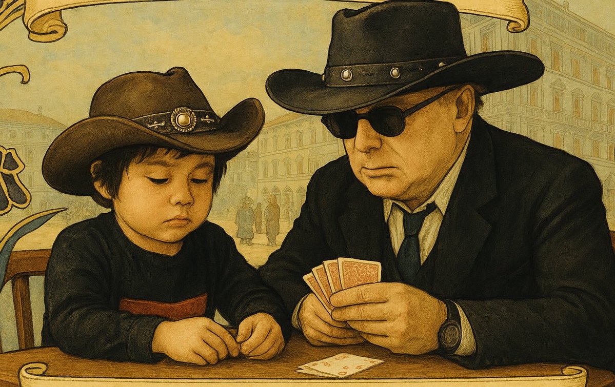 MickPuck's tweet image. My little boy tried on my hat in a restaurant a few years ago and the photo I took of him looked like Van Morrison's "Pay The Devil" album cover. So I put them together in a touching little illustration. Van looks so mellow, man 😀