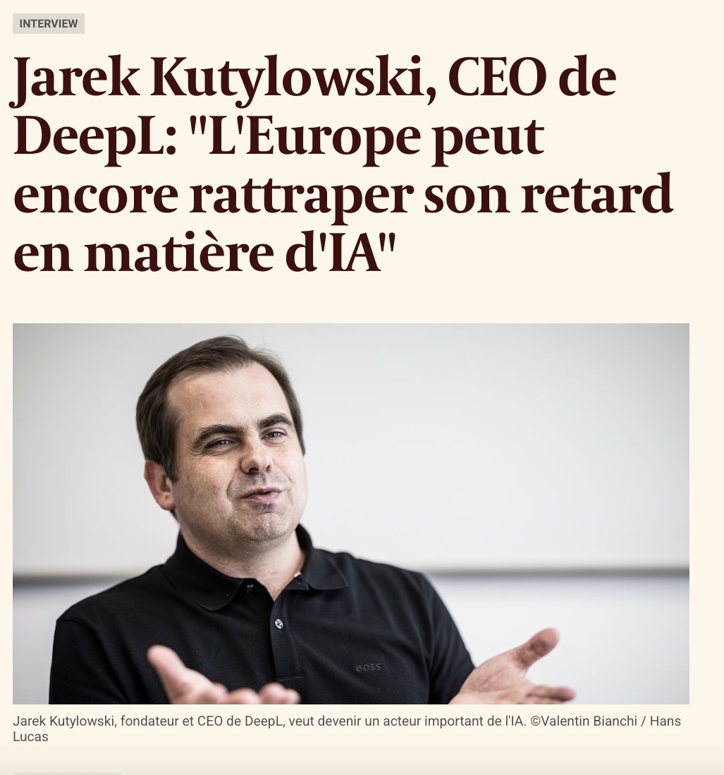 DeepLcom's tweet image. Great to see the in-depth profile of Jarek Kutylowski and DeepL in Saturday’s edition of L’Echo, with insightful questions from Tech Editor Maxime Samain: brnw.ch/21wUqyN
#DeepLStory #EuropeAI #SovereignAI #DeepLVision