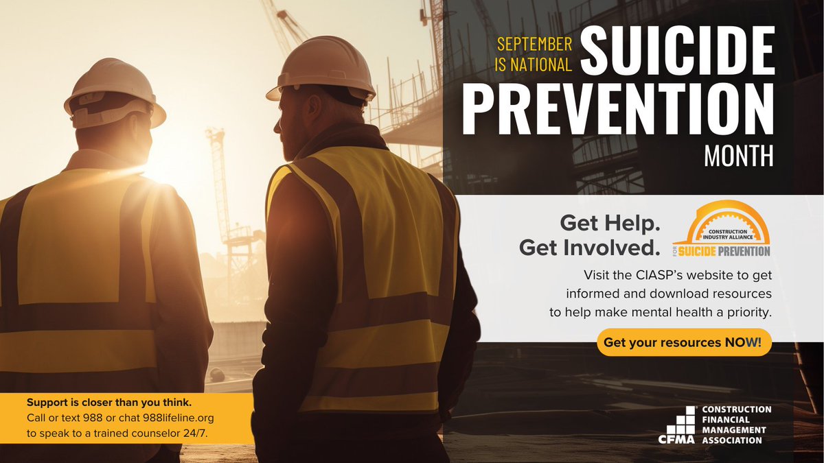 CFMA (@cfma) on Twitter photo Suicide is the leading cause of death in the construction industry — but it doesn’t have to be. Explore free tools and resources from the <a href="/theCIASP/">Construction Ind. Alliance for Suicide Prevention</a> and help make mental health a safety priority. ➤ hubs.la/Q03yMP6H0 Suicide is the leading cause of death in the construction industry — but it doesn’t have to be. Explore free tools and resources from the <a href="/theCIASP/">Construction Ind. Alliance for Suicide Prevention</a> and help make mental health a safety priority. ➤ hubs.la/Q03yMP6H0