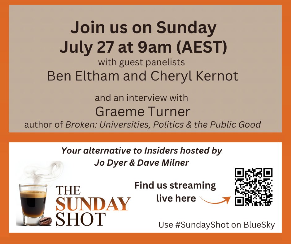 instanterudite's tweet image. This week on the #SundayShot,@DaveMilbo and I are joined by excellent panellists @cheryl_kernot & @beneltham to look back at the first week of the 48th Parliament and examine the challenges facing our decimated university sector.
Join us @ youtube.com/@TheSundayShot