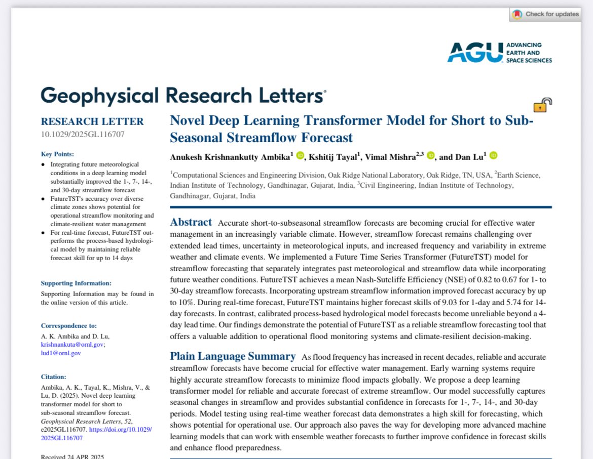vmishraiit's tweet image. Pleased to share our new publication led by Anukesh K Ambika @anukeshka that has appeared in Geophysical Research Letters (@theAGU)!

Novel Deep Learning Transformer Model for Short to Sub-Seasonal Streamflow Forecast

agupubs.onlinelibrary.wiley.com/doi/10.1029/20…