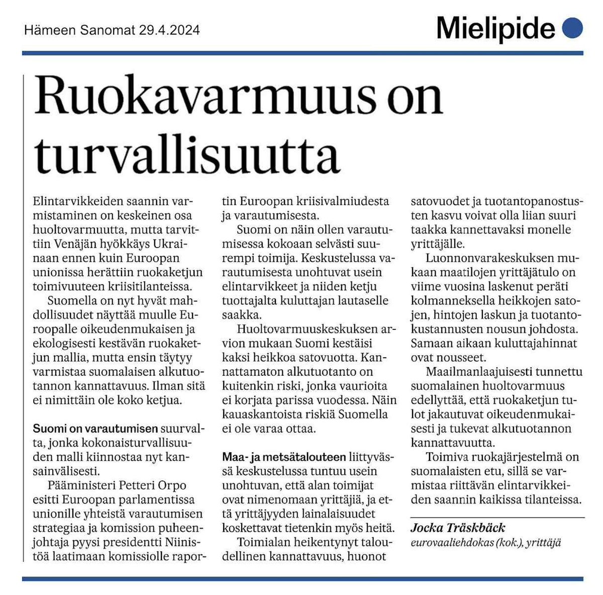 Jocka's tweet image. Suomi tarvitsee omaa ruoantuotantoa. Sitä täytyy ylläpitää ja kehittää, koska ruokavarmuus on turvallisuutta.
jocka.fi/?p=10383
@MTKry @MTKPirkanmaa