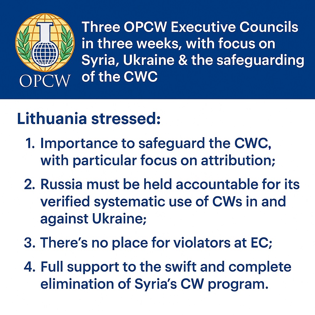 LT_Embassy_NL's tweet image. 3-in-3 | Main elements of Lithuanian 🇱🇹 interventions during the last @OPCW Executive Council (EC) meetings in the Hague in recent weeks.
Statements can be found here:
shorturl.at/g35o9
shorturl.at/wE8ad
shorturl.at/dFBeg