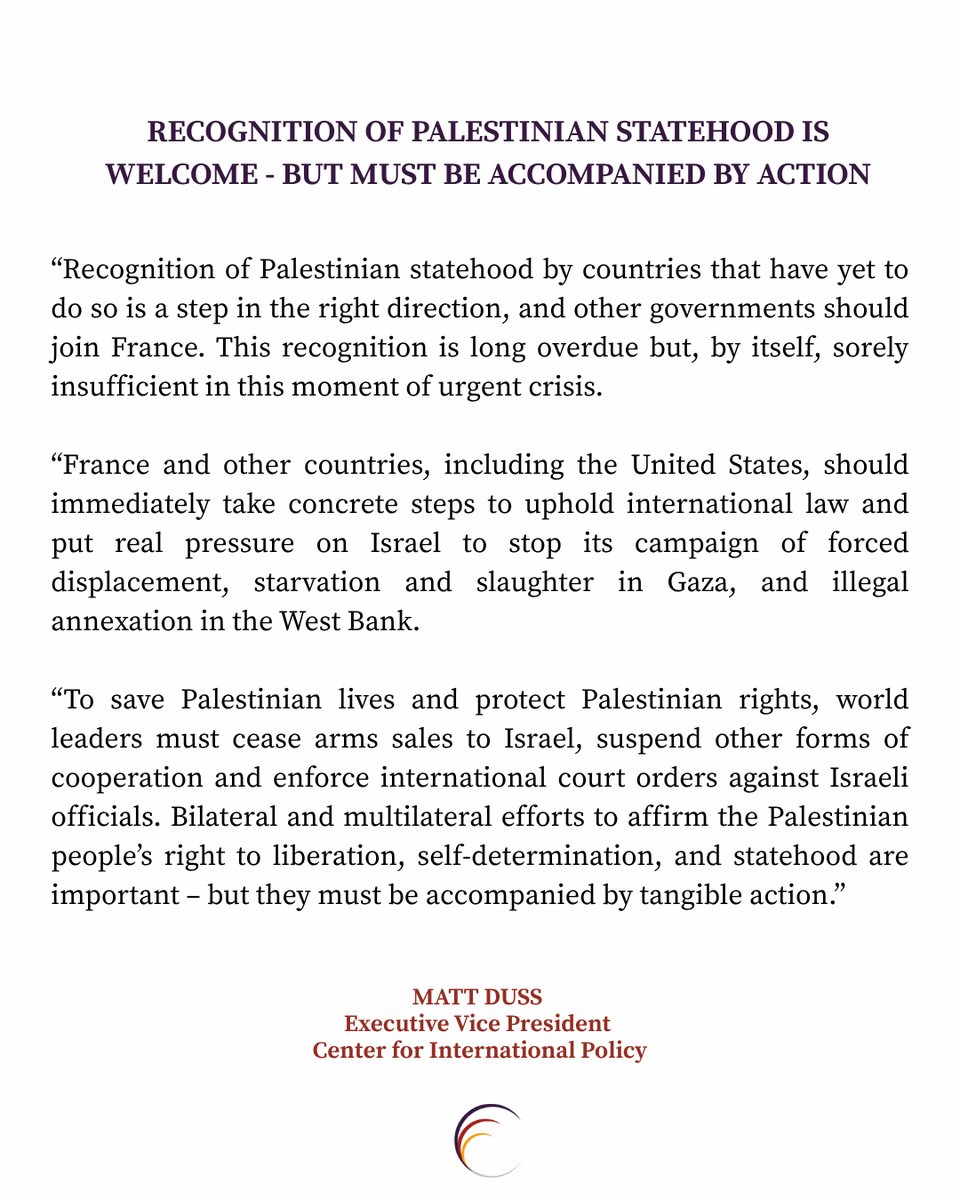 CIPolicy's tweet image. 🚨📢 New Statement from @mattduss in response to French President Emmanuel Macron’s announcement that France will recognize Palestinian statehood.
internationalpolicy.org/publications/r…