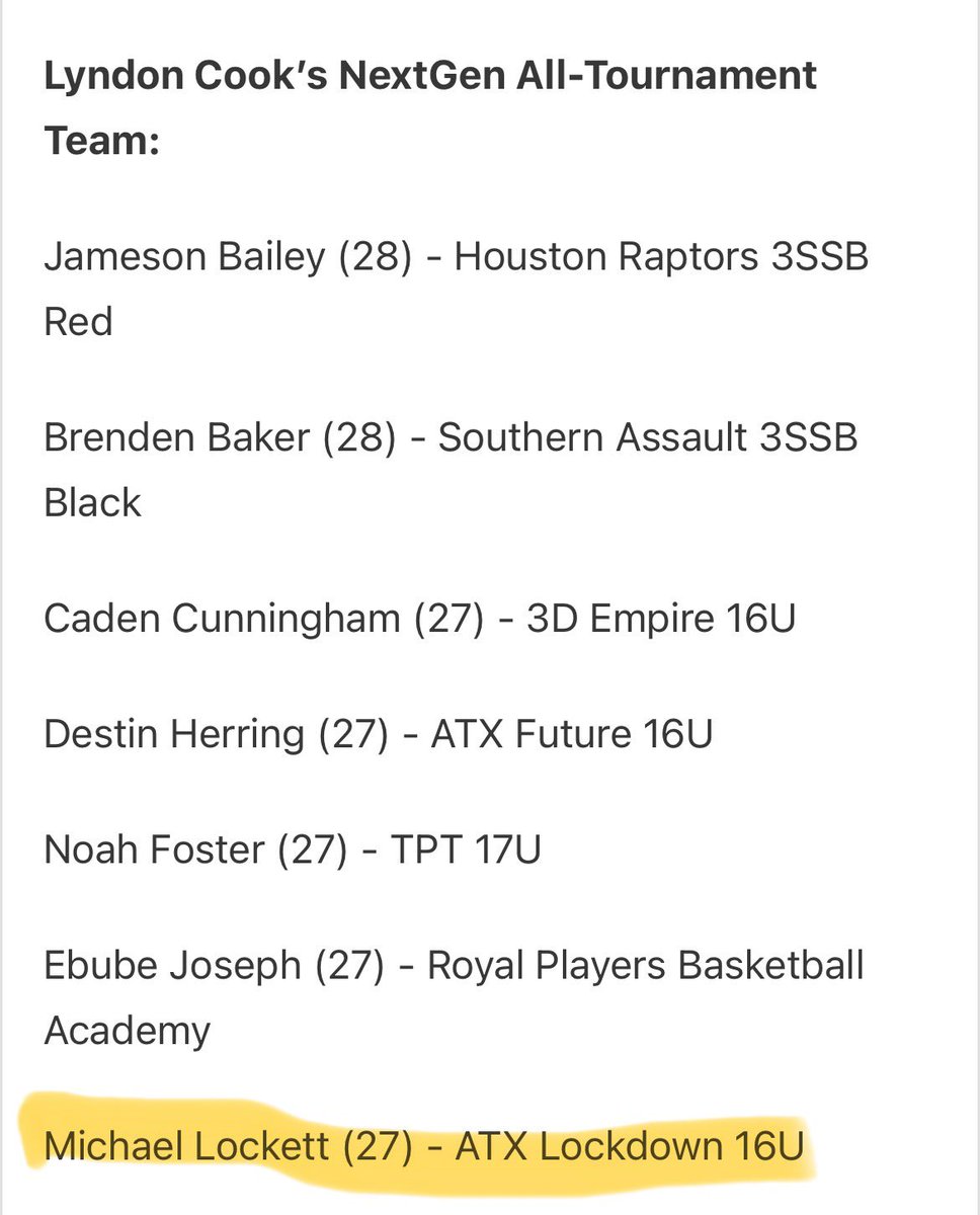 Thank you <a href="/TexasHoopsGASO/">TexasHoops/GASO 🔗</a>  and <a href="/GASOLyndon/">Lyndon Cook 🔗</a> for mentioning me in the GASO Summer Finale’ Next Gen All Tournament team.   
<a href="/LockdownBBall/">Lockdown Basketball</a> <a href="/LakeBeltonHoops/">Lake Belton Bronco Basketball</a>