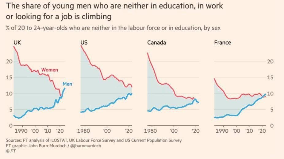 More and more young men are neither in education, work, or looking for a job.

This is what the war on men looks like in graph form.