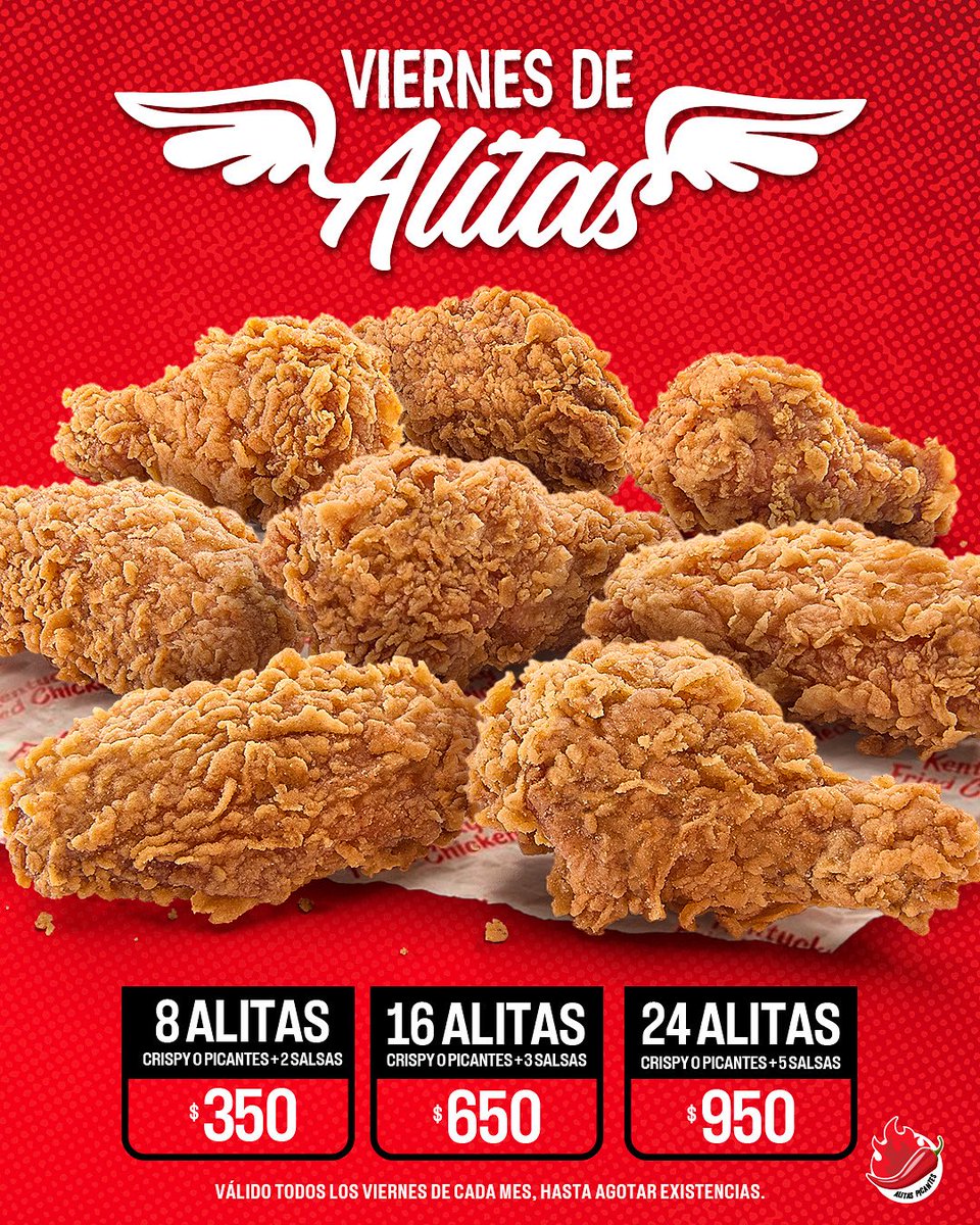 Disfruta del #ViernesDeAlitas desde RD$ 350.❤️
Válido todos los viernes de cada mes, hasta agotar existencias.

Disponible:
-Para programar recoger en restaurante y delivery.
-Por nuestros Auto rápido, comer en el restaurante y para llevar.

#KFC #KFCRepDom #Pollo #viernes #promo