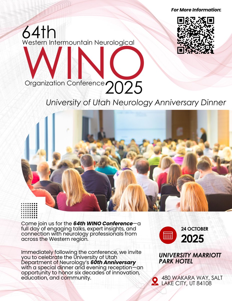 🧠 Join us for the 64th WINO Conference on Friday October 24 2025!

We’re also celebrating 60 years of the University of Utah Department of Neurology with a special dinner!

Register Here: bit.ly/4aSgBPh