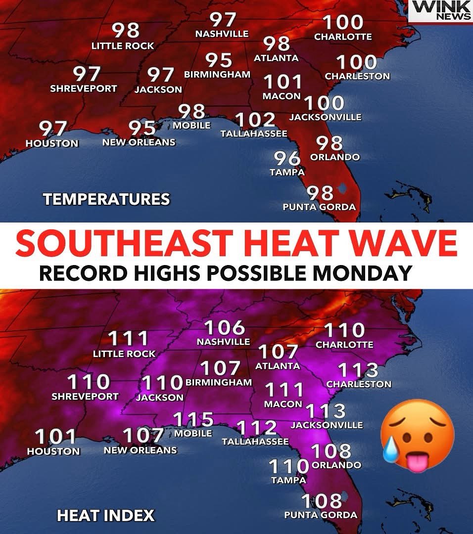 *RECORD HEAT* coming to many across the Southeast this weekend into early next week. Peak heat index values as high as 110-120°. Brutal! 🥵 @WINKNews