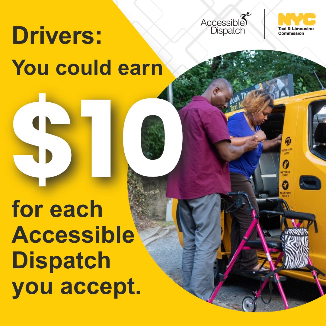 nycaccessible's tweet image. 🚕 Attention @nyctaxi drivers! The Accessible Dispatch incentive structure has changed—and it&apos;s simpler than ever.

💵 Earn a flat $10 incentive for every Accessible Dispatch trip booked by phone, no matter how far you travel to the pick-up.

🚕 Keep rolling, keep earning!