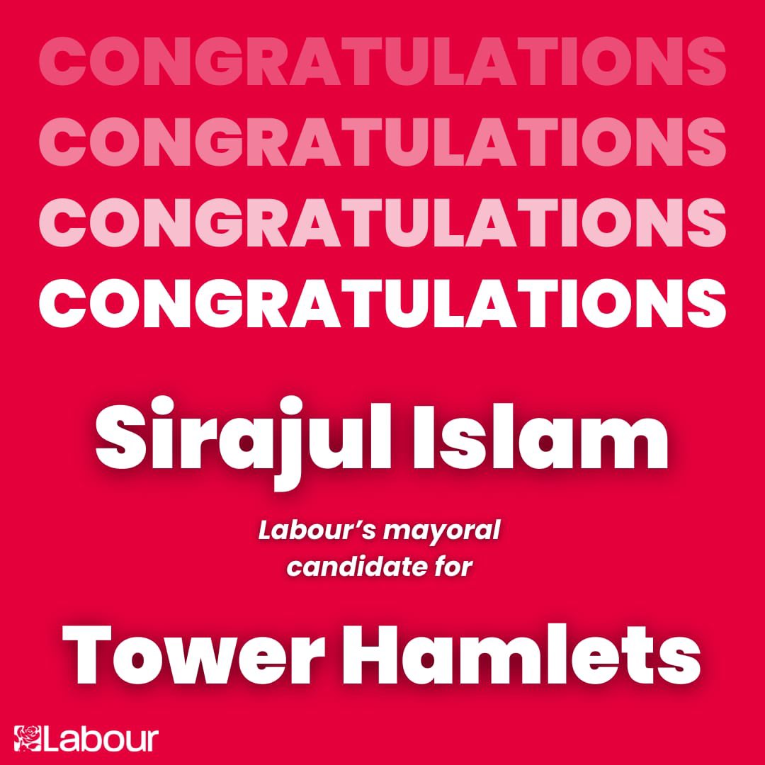 Tower Hamlets Labour Group (@th_labour) on Twitter photo We are thrilled to announce <a href="/CllrSirajIslam/">Cllr. Sirajul Islam</a> as Labourโs mayoral candidate for Tower Hamlets! ๐
A Bethnal Green East resident for almost 40 years, serving since 2001 and now Leader of the Labour Group.
He will build a borough that works for all of us ๐น We are thrilled to announce <a href="/CllrSirajIslam/">Cllr. Sirajul Islam</a> as Labourโs mayoral candidate for Tower Hamlets! ๐
A Bethnal Green East resident for almost 40 years, serving since 2001 and now Leader of the Labour Group.
He will build a borough that works for all of us ๐น