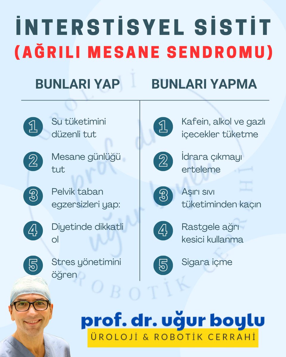#İnterstisyelSistit (ağrılı mesane sendromu) sık idrara çıkma, ağrı ve rahatsızlıkla seyreder. #Kafein, alkol, baharatlı gıdalardan kaçın; yeterli su iç, pelvik egzersiz yap, stresi yönet. Doğru alışkanlıklar ile semptomları azalt, konforlu yaşa... 

ugurboylu.com/interstisyel-s…