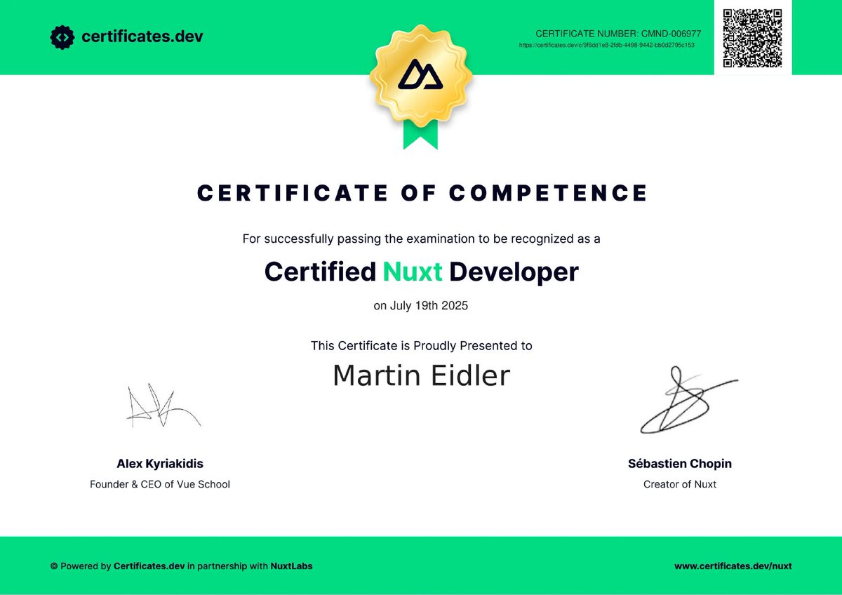 Congrats to Martin Eidler from Austria for earning our Official <a href="/nuxt_js/">Nuxt</a> Developer Certification! 🎉 🇦🇹

This certification highlights strong, hands-on skills with Nuxt, from building fast, modern apps to handling real-world challenges with confidence.

Well done, Martin! 🚀