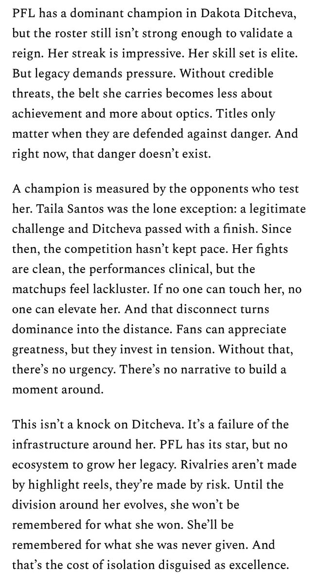 bobby_s_axelrod's tweet image. Dakota Ditcheva has passed the @PFLMMA’s tests with flying colors. #PFL has failed with the follow-up.

You can’t crown legends in isolation. No threats. No rivals. No pressure. Right now, it’s just optics. Until PFL builds a division around her, dominance will keep fading into…