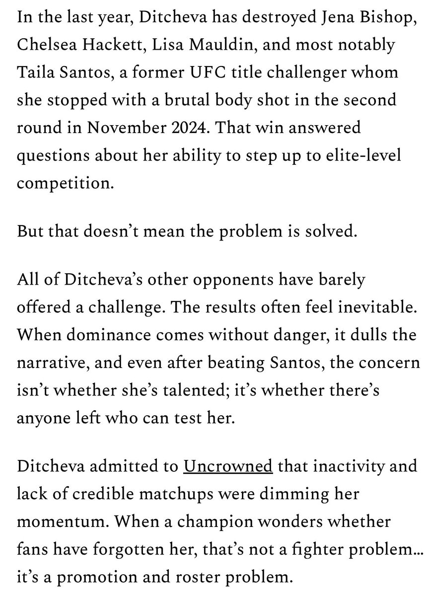 bobby_s_axelrod's tweet image. Dakota Ditcheva has passed the @PFLMMA’s tests with flying colors. #PFL has failed with the follow-up.

You can’t crown legends in isolation. No threats. No rivals. No pressure. Right now, it’s just optics. Until PFL builds a division around her, dominance will keep fading into…