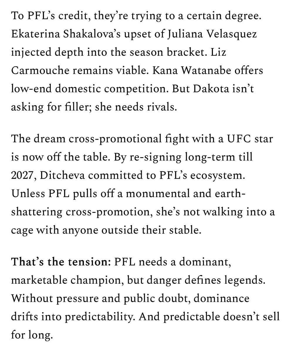 bobby_s_axelrod's tweet image. Dakota Ditcheva has passed the @PFLMMA’s tests with flying colors. #PFL has failed with the follow-up.

You can’t crown legends in isolation. No threats. No rivals. No pressure. Right now, it’s just optics. Until PFL builds a division around her, dominance will keep fading into…