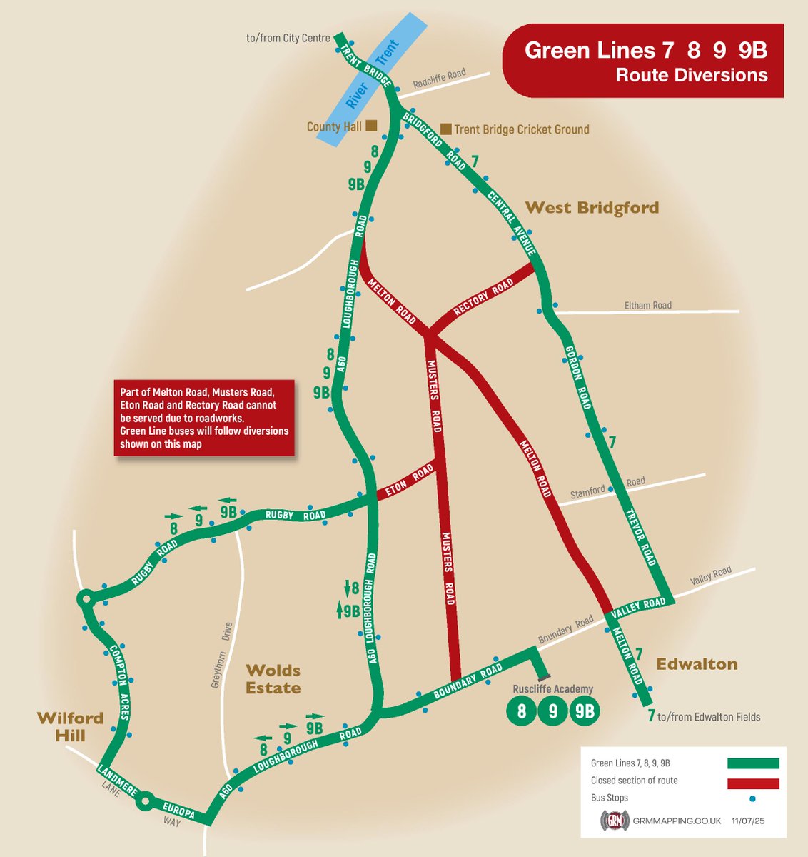 NCT_Buses's tweet image. Green 7, 8 and 9/B are now diverting for the remainder of the evening, as resurfacing works continue on Melton Road.
Info: nctx.co.uk/service-updates