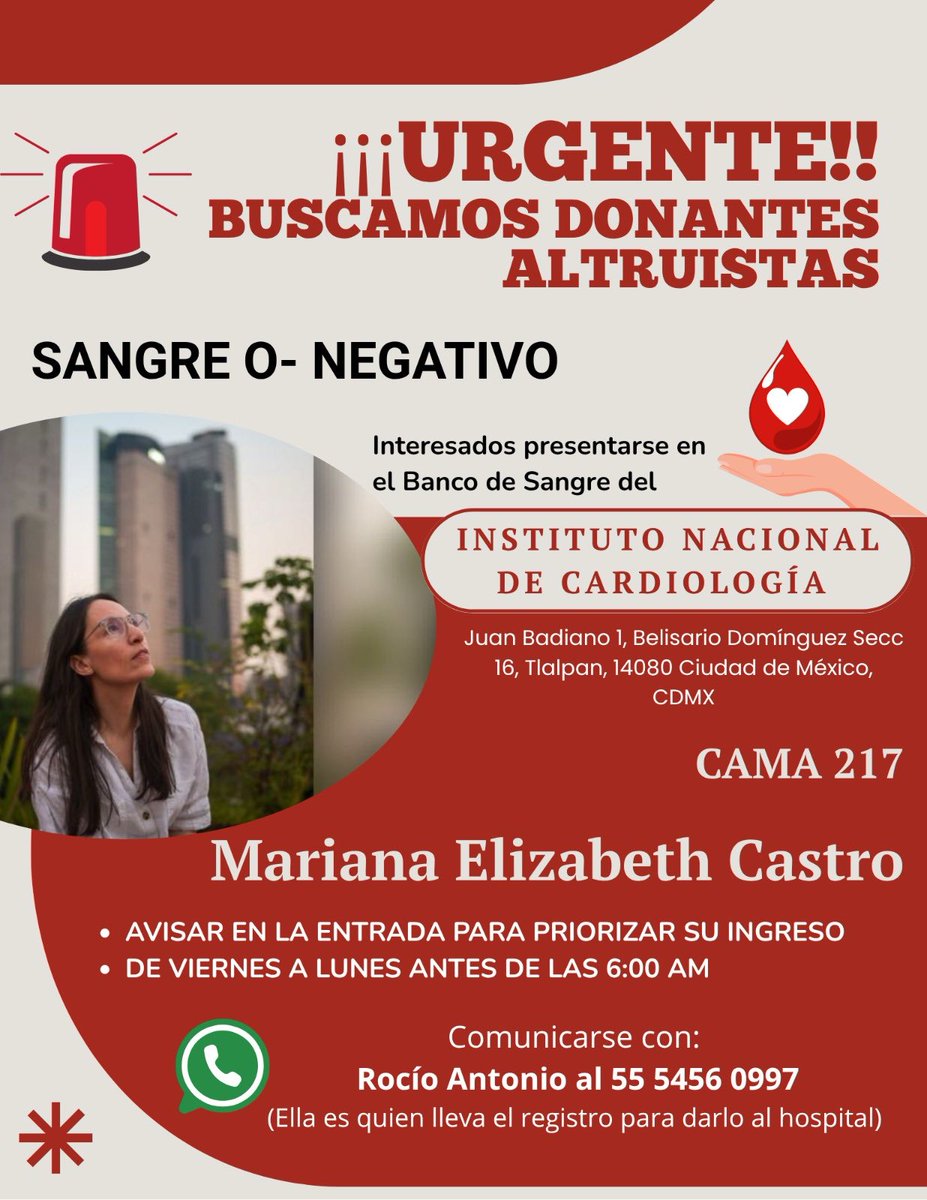 donaenvida's tweet image. #URGENTE #CDMX #Sangre tipo O- para Mariana Elizabeth Castro en el Banco de Sangre del Instituto Nacional de Cardiología.
Contacta al: 55 5456 0997 con Rocío Antonio.
#DonaEnVida #DonaConAmor