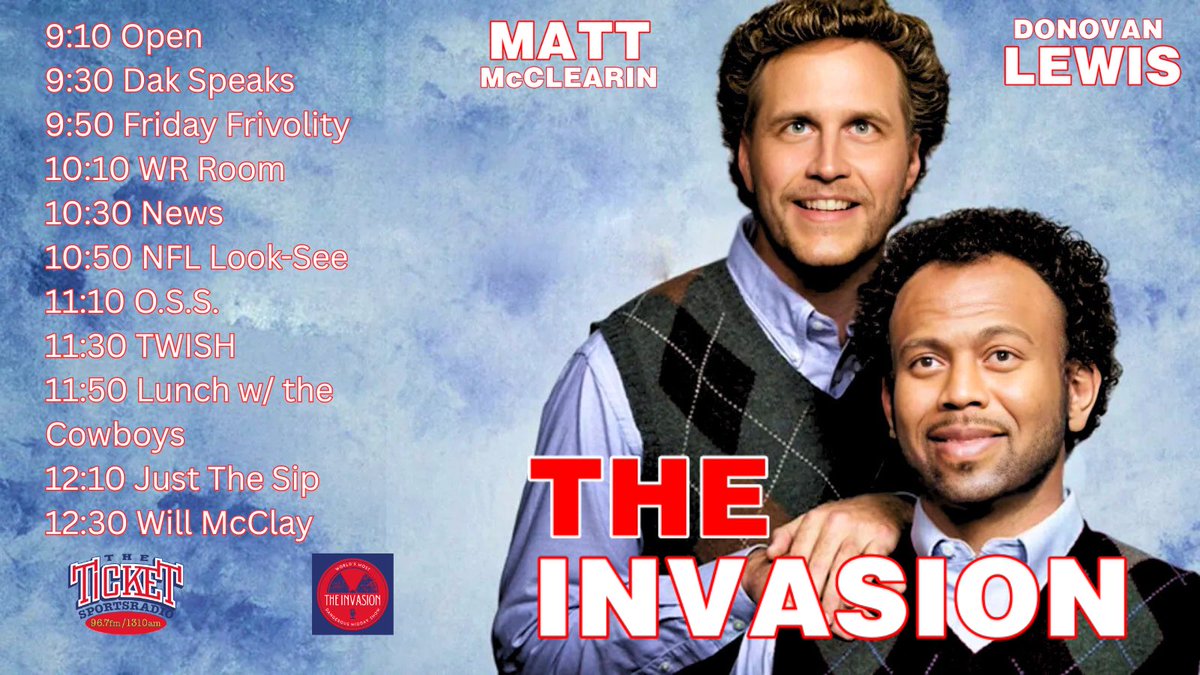 Invasion9til1's tweet image. Better late than never. We have a full show of Cali fun with @GreatDonovan & @McMattRadio. Tune in 9-1p on @dfwticket and get your gift bag of fun. We are talking about the Cowboys WR room now, Just The Sip at 12:10 and Cowboys VP of Player Personnel Will McClay at 12:30.