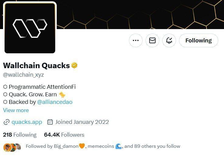 Wallchain Airdrop Native Coin $WALL
Project like #Kaito🔥

✅Join Now:
quacks.app/?ref=LisanLi3

📲Connect your Twitter 
📲Make Quality Post on Twitter 
📲Collect Score
<a href="/wallchain_xyz/">Wallchain Quacks</a>