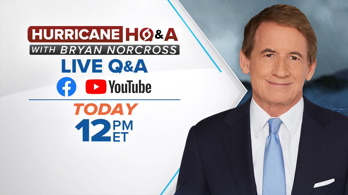 Greg Diamond (@gdimeweather) on Twitter photo Today will be the first <a href="/foxweather/">FOX Weather</a> Hurricane HQ&A with <a href="/bryannorcrosstv/">Bryan Norcross</a>! Bryan will be answering your questions in real time on all things involving the tropics
If you'd like to participate tune in to the FOX Weather YouTube page, FOX Weather Facebook page, or Bryan's FB page Today will be the first <a href="/foxweather/">FOX Weather</a> Hurricane HQ&A with <a href="/bryannorcrosstv/">Bryan Norcross</a>! Bryan will be answering your questions in real time on all things involving the tropics
If you'd like to participate tune in to the FOX Weather YouTube page, FOX Weather Facebook page, or Bryan's FB page