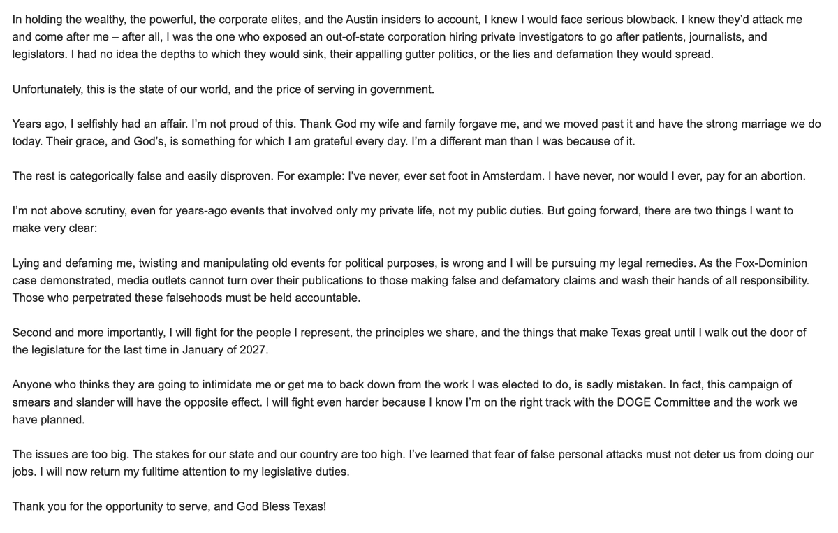 Statement from <a href="/VoteGiovanni/">Giovanni Capriglione</a>:

"Years ago, I selfishly had an affair. I’m not proud of this. Thank God my wife and family forgave me, and we moved past it and have the strong marriage we do today."

Says the rest of the story is false. #txlege