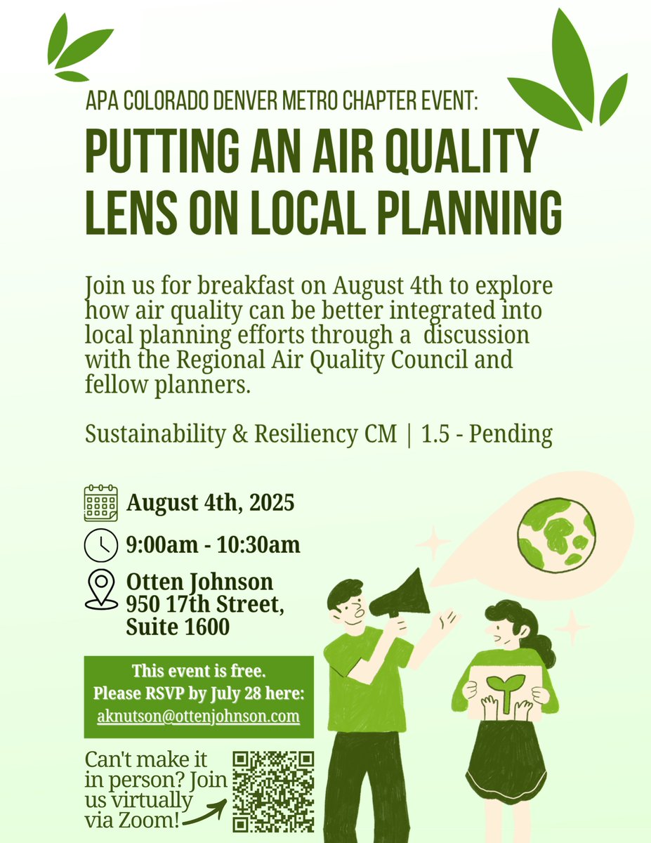 We're excited to offer this event both in person AND virtually!! See details on the APA Colorado Event Calendar: colorado.planning.org/conferences-an…

Earn CM credits by attending in person or virtually!

RSVP by emailing aknutson@ottenjohnson.com by July 28, please.