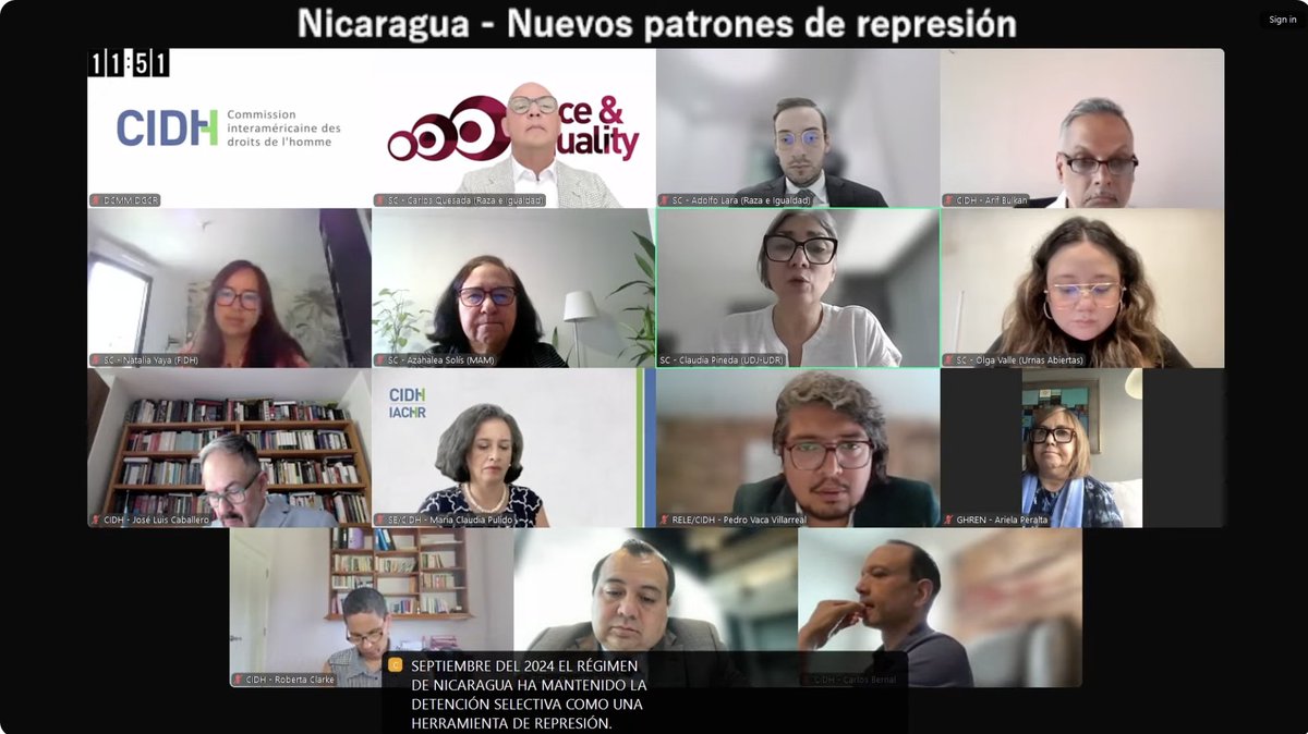 <a href="/mamnicaragua/">MAM - Nicaragua</a> <a href="/fidh_es/">FIDH</a> <a href="/UrnasAbiertas/">Urnas Abiertas</a> Toma la palabra Claudia Pineda, de <a href="/NicaraguaUdj/">Unidad de Defensa Jurídica (UDJ) Nicaragua</a>, para referirse a la detención arbitraria y la desaparición forzada.

"Se reportan 54 personas detenidas, incluyendo 7 mujeres, 18 adultos mayores, 14 desaparecidos y 19 sin condena", denuncia.