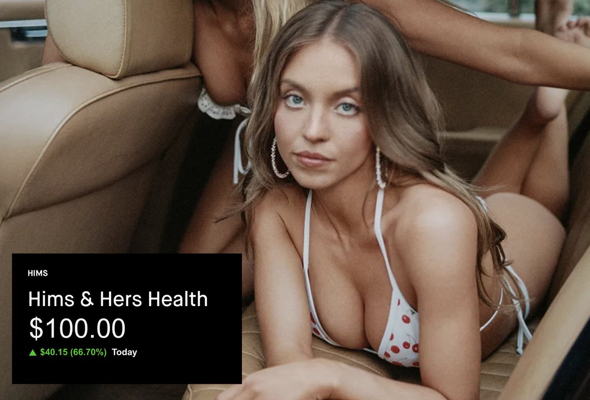 NighthawkTradez's tweet image. Hey @alc2022, Sydney Sweeney will join the $HIMS $100 party this year if you are OK with it.
