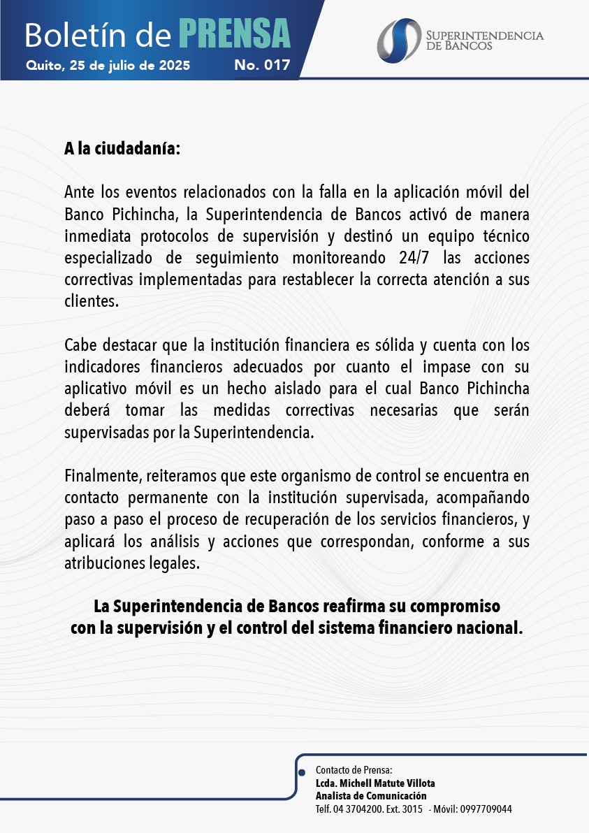 🗞️Boletín | La Superintendencia de Bancos se mantiene en vigilancia permanente.

📄 Lee la nota completa aquí 👇🏻
➡️ bit.ly/4o40F2y

#Supervisión #Control #Transparencia