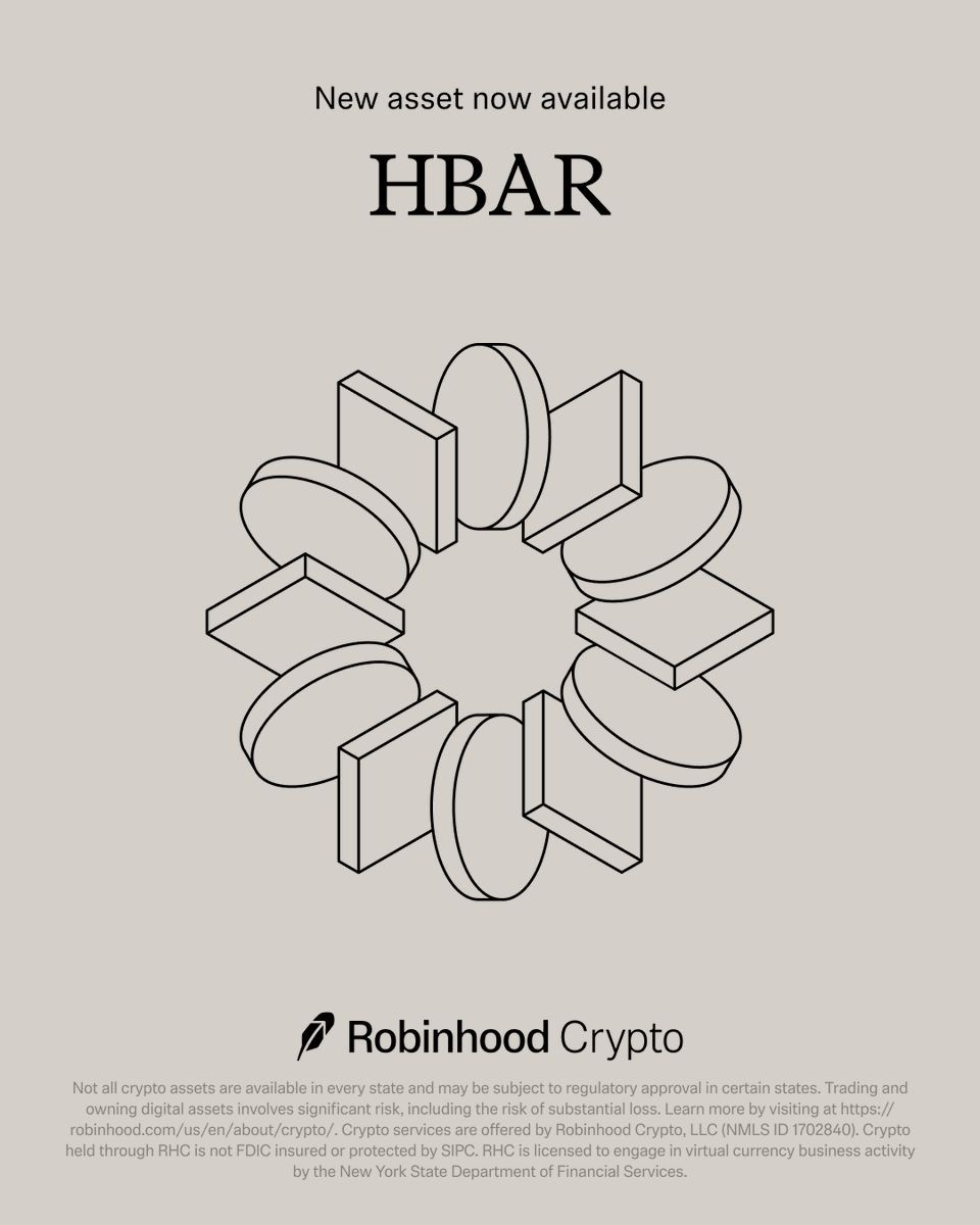CryptoCoinShow's tweet image. HBAR is now available on Robinhood! 🚀 $HBAR holders rejoice as Robinhood moves deeper into crypto.