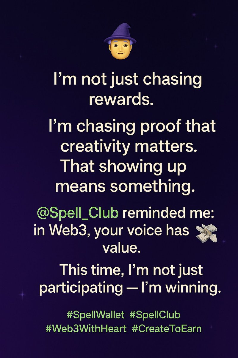 Berrandy1's tweet image. I'm not here just for the rewards —
I'm here to prove that creativity counts, and that showing up makes a difference.
Thanks to @spell_club, I’ve been reminded: in Web3, every voice holds value. 💬💸
This time, I’m not just taking part — I’m claiming the win.
#Spell_club