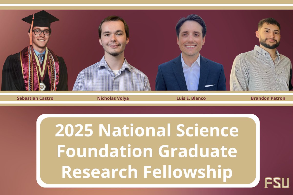 FloridaState's tweet image. Four recent Florida State University graduates have been awarded the 2025 National Science Foundation Graduate Research Fellowship, a highly competitive five-year fellowship that supports outstanding students pursuing research-focused graduate degrees in science, technology,…
