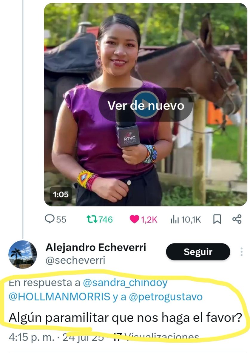 Sandra Chindoy (@sandra_chindoy) on Twitter photo 🔴Atención <a href="/FiscaliaCol/">Fiscalía Colombia</a>. Ayer informé que estamos con RTVC en la Sierra Nevada de Santa Marta y nos amenazan con los Paramilitares. Que bajeza la de algunos personajes. Solicito <a href="/PoliciaColombia/">Policía de Colombia</a> investigar esta cuenta <a href="/secheverri/">Alejandro Echeverri</a> 👇🏽 NO MÁS IMPUNIDAD👇🏽 🔴Atención <a href="/FiscaliaCol/">Fiscalía Colombia</a>. Ayer informé que estamos con RTVC en la Sierra Nevada de Santa Marta y nos amenazan con los Paramilitares. Que bajeza la de algunos personajes. Solicito <a href="/PoliciaColombia/">Policía de Colombia</a> investigar esta cuenta <a href="/secheverri/">Alejandro Echeverri</a> 👇🏽 NO MÁS IMPUNIDAD👇🏽