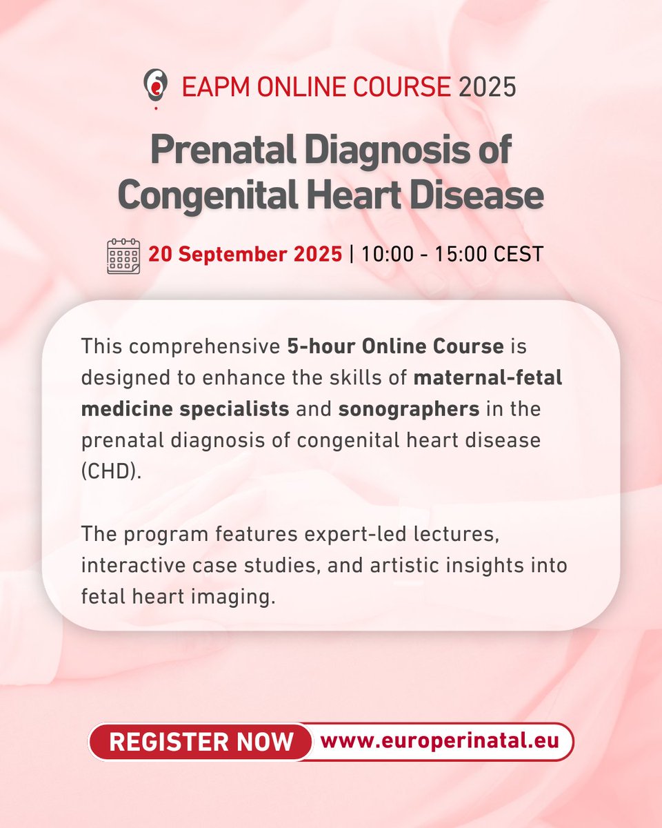 This comprehensive 5-hour web course is designed to enhance the skills of maternal-fetal medicine specialists and sonographers in the prenatal diagnosis of #congenitalheartdisease (CHD).

Register here to join us online👉: bit.ly/3Uut7Nw

#FetalCardiology #CHD