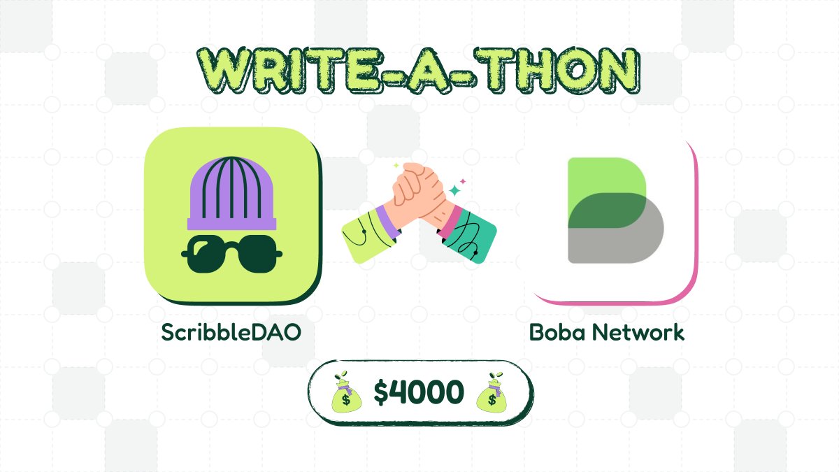 SCRIBBLERS, BOBA SEASON IS HERE! 🧋

ScribbleDAO 🤝 <a href="/bobanetwork/">Boba Network 🧋</a> just dropped our most BRAIN-MELTING write-a-thon yet!

$4,000 prize pool for diving deep into Hybrid Compute 2.0 and multichain L2 magic.

Time to show your big brain energy!

Let's break it down 👇