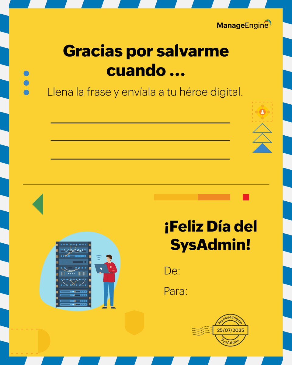 ManageEngineLA's tweet image. 🎉 ¡En #ManageEngineLATAM celebramos a los verdaderos héroes del backstage! 💻🔧 Este #DíaDelSysAdmin rendimos homenaje a quienes lo mantienen todo funcionando, incluso cuando nadie lo nota. ¡Gracias por ser los guardianes TI! 🙌 Psst… deja esta notita a tu #SysAdmin favorito.