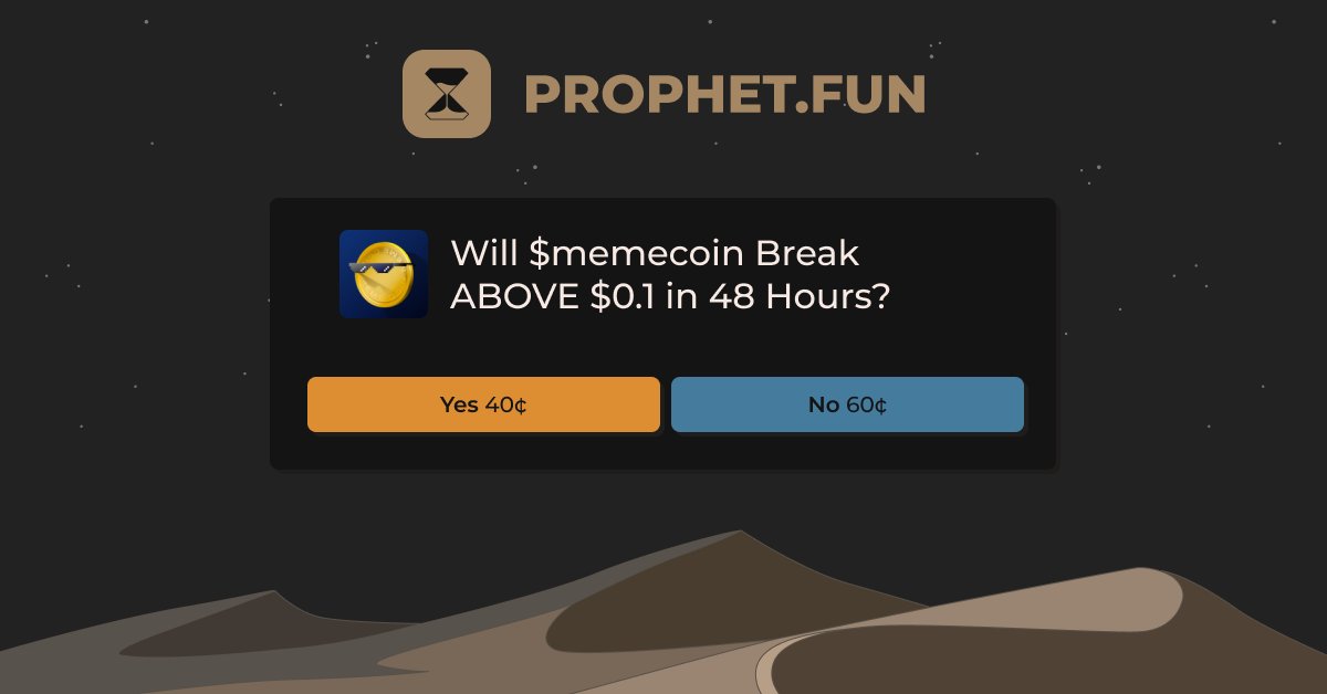 Prophet_fun's tweet image. Can #memecoin break $0.10 in the next 48 hours?
Prophet.fun traders see a 40% chance it happens.
Make your bet now:
prophet.fun/market/$memeco…