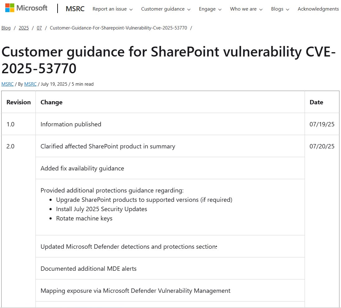 A new SharePoint vulnerability dubbed ToolShell lets adversaries gain full remote code execution on SharePoint servers. Microsoft recommends updating SharePoint servers, configuring AV/EDR and rotating the system's zurl.co/yZ4Tv machine keys. zurl.co/eacHx