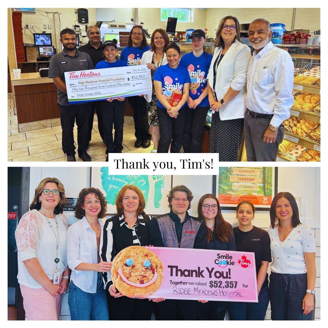 An outstanding $52,357 was raised through the Smile Cookie campaign for our hospital foundation!
#SmileCookie #TimHortons #CommunityPartners #SpreadingSmiles #ThankYouTimHortons #timhortons #timhortonscookies #growingsmiles #ridgemeadows #pittmeadows #mapleridge