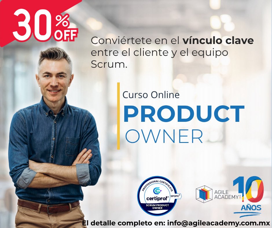 Día 2 de 10.
Curso Scrum Product Owner Professional con 30% de descuento.

#scrum #productowner #unadecadaAgileAcademy