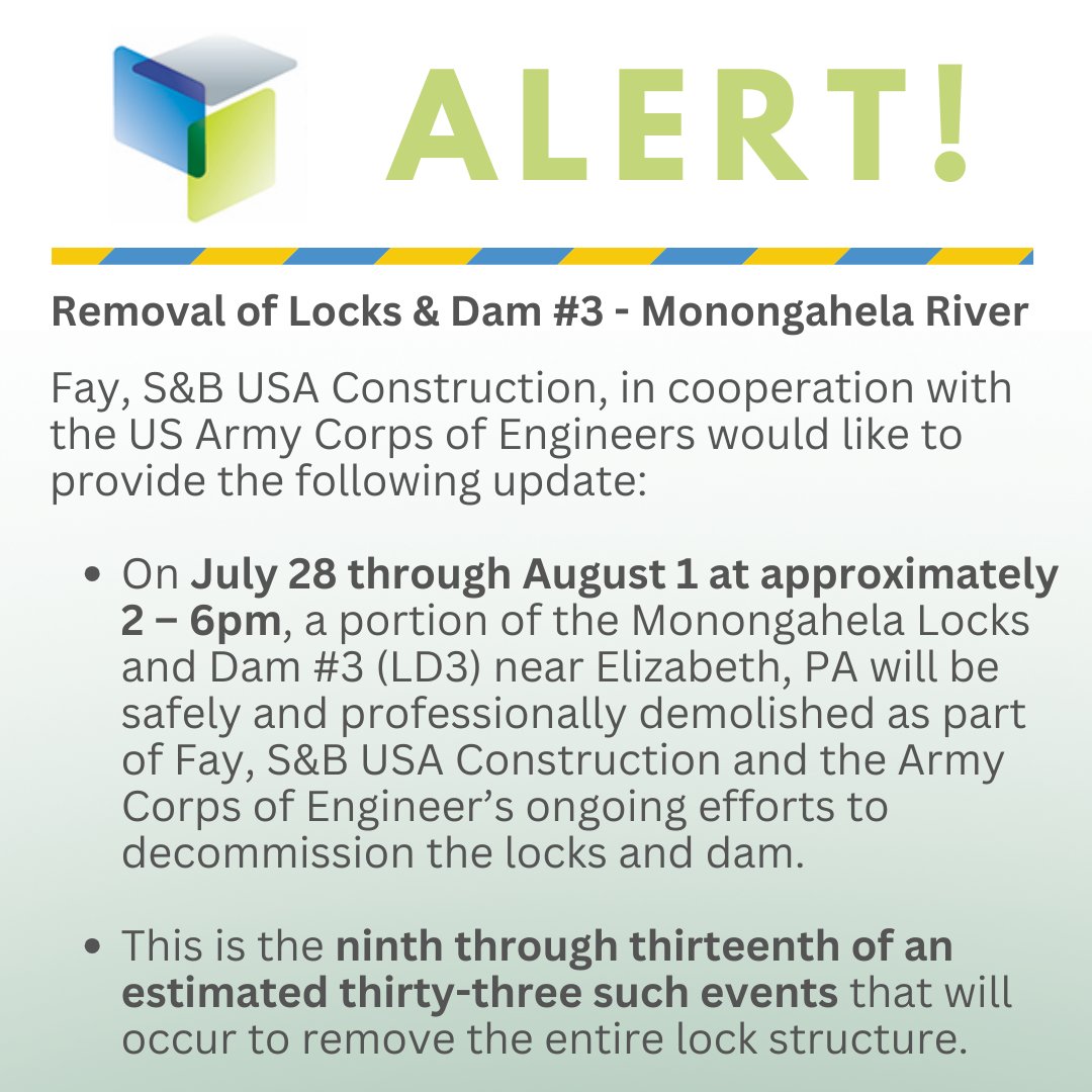 For your safety, please avoid the vicinity of LD3 on the days of the demolition activities. During all controlled demolition activities, expect short-term closures of LD3, State Route 2001, Bunola River Road and the CSX rail line.