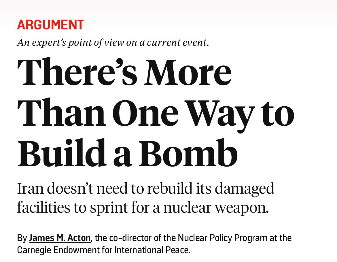 (((James Acton))) (@james_acton32) on Twitter photo Me in <a href="/ForeignPolicy/">Foreign Policy</a>.
The Trump administration's claim that Iran would need "years" to rebuild its previous nuclear program is like asserting that an unlocked bank vault would be impervious to a cyberattack.
It’s true but misses the point.
(Link 👇) Me in <a href="/ForeignPolicy/">Foreign Policy</a>.
The Trump administration's claim that Iran would need "years" to rebuild its previous nuclear program is like asserting that an unlocked bank vault would be impervious to a cyberattack.
It’s true but misses the point.
(Link 👇)