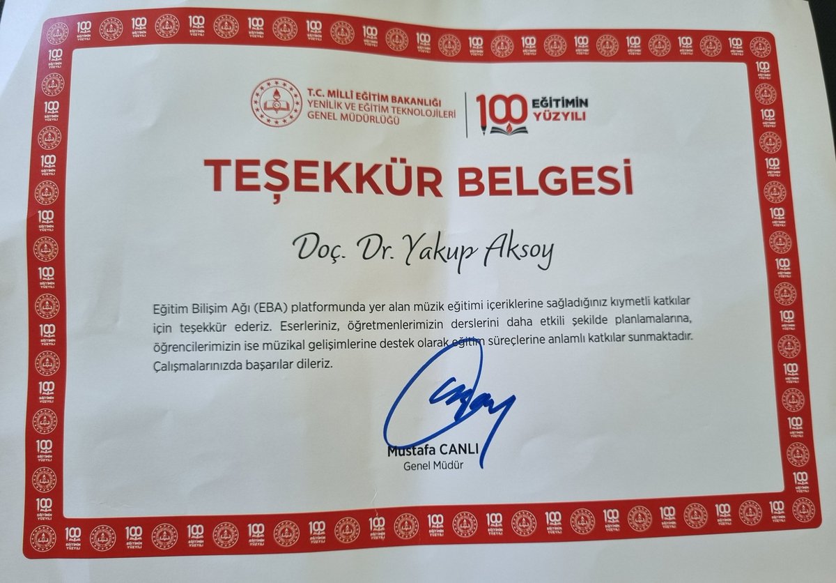 MEB den müzik eğitimine katkılarım için teşekkür belgesi geldi. Ben de teşekkür ederim. 🌸🎶