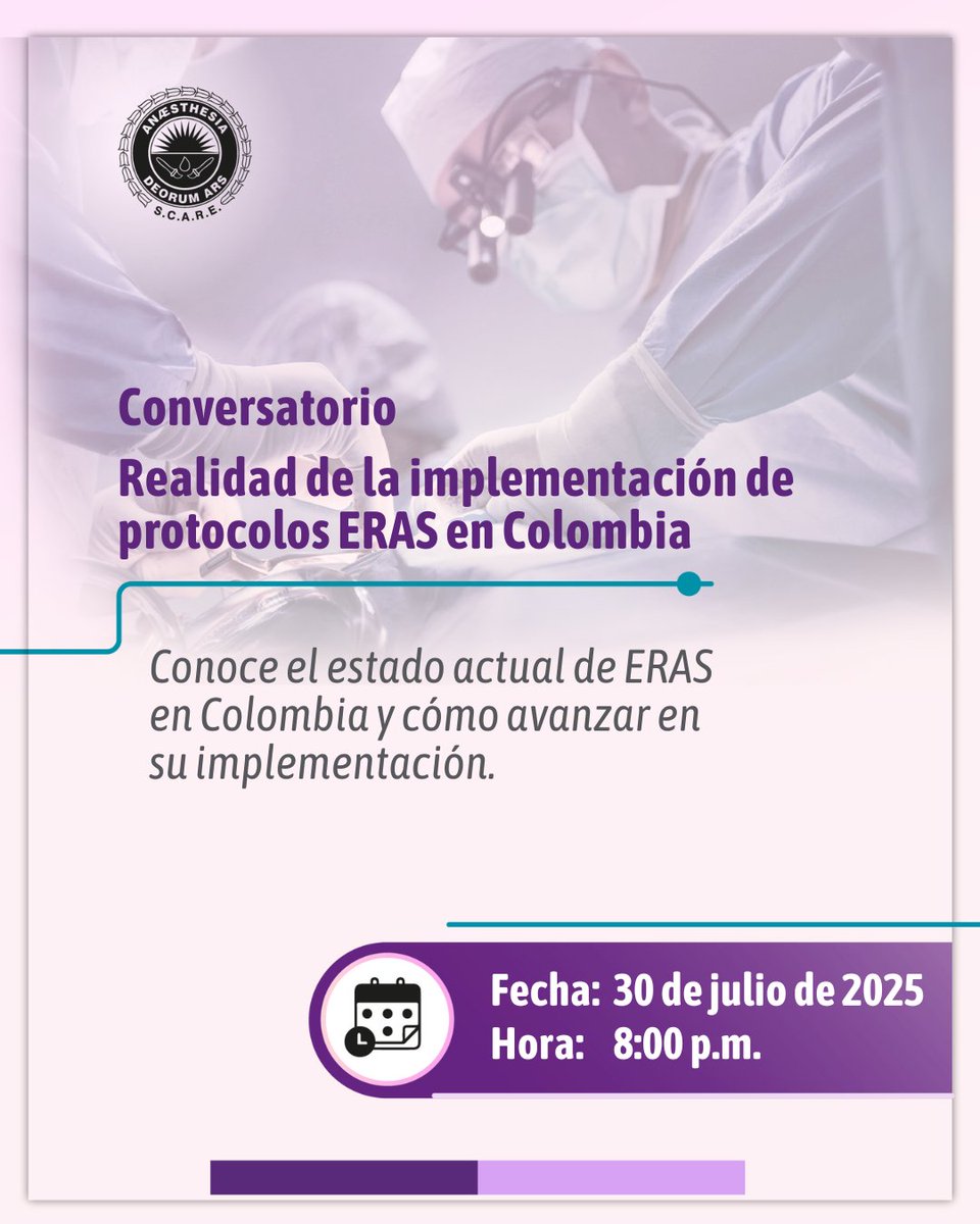 scarecolombia's tweet image. ¿Ya conoces el modelo ERAS? Conéctate al conversatorio sobre su implementación en Colombia. Este 30 de julio a las 8:00 p.m.
🔗 Inscríbete: us02web.zoom.us/meeting/regist…
#Anestesiología #SCARÉ #FormaciónMédica